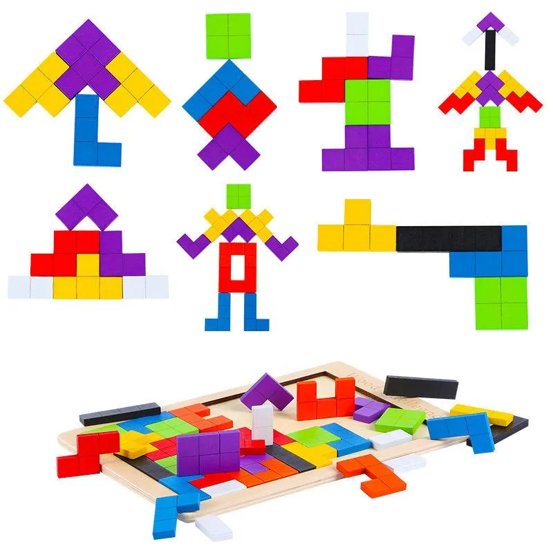 Colorful 3D Puzzle Wooden Tangram Math Toys Tetris Game Children Pre-school Magination Intellectual Educational Toy for Kids