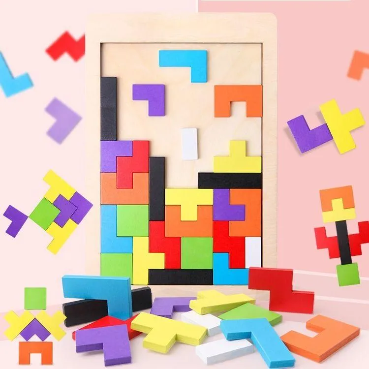 Colorful 3D Puzzle Wooden Tangram Math Toys Tetris Game Children Pre-school Magination Intellectual Educational Toy for Kids