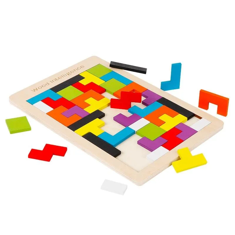 Colorful 3D Puzzle Wooden Tangram Math Toys Tetris Game Children Pre-school Magination Intellectual Educational Toy for Kids