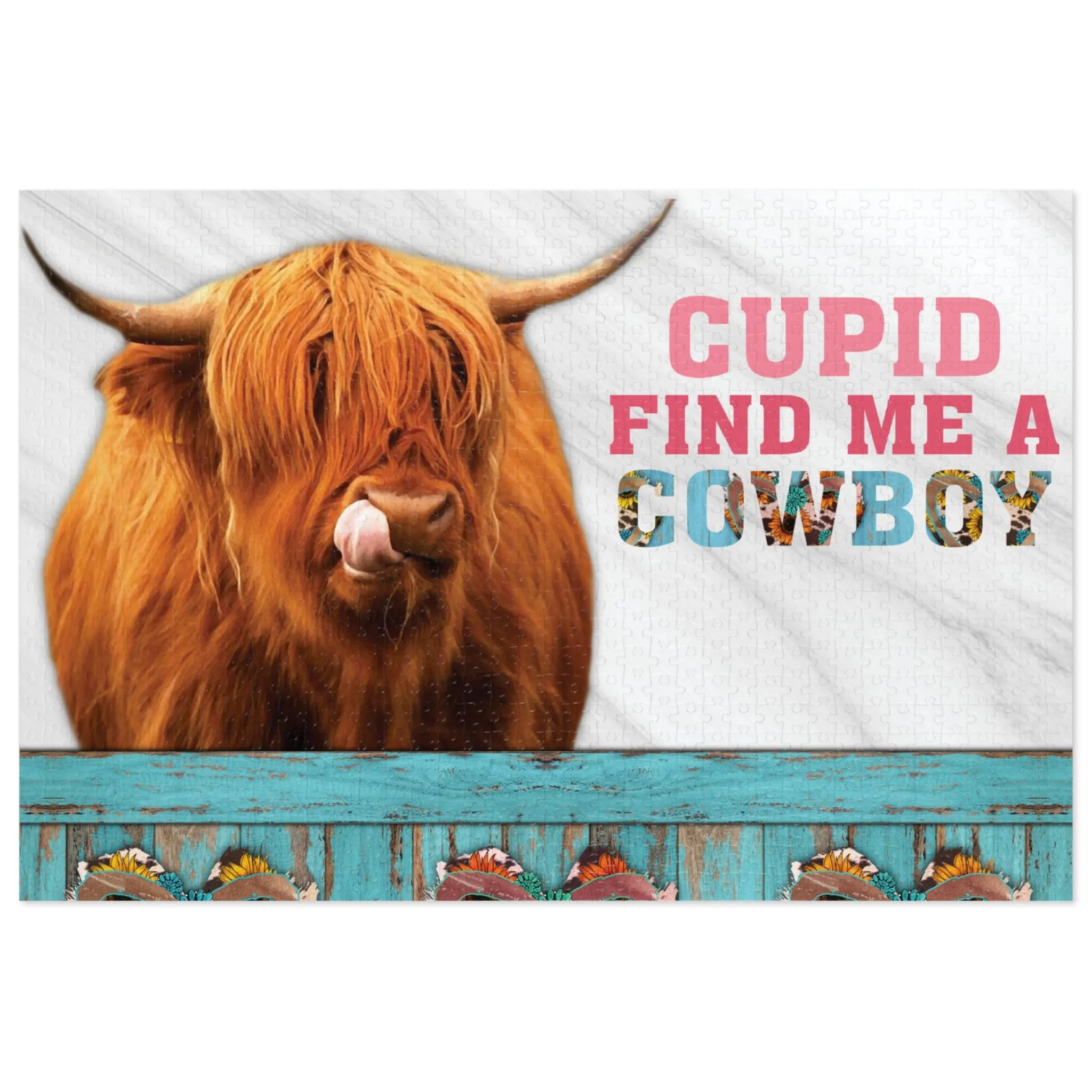 Jigsaw Puzzle, Highland Cow, Cupid find me a Cowboy, Personalised/Non-Personalised (30, 110, 252, 500,1000-Piece)