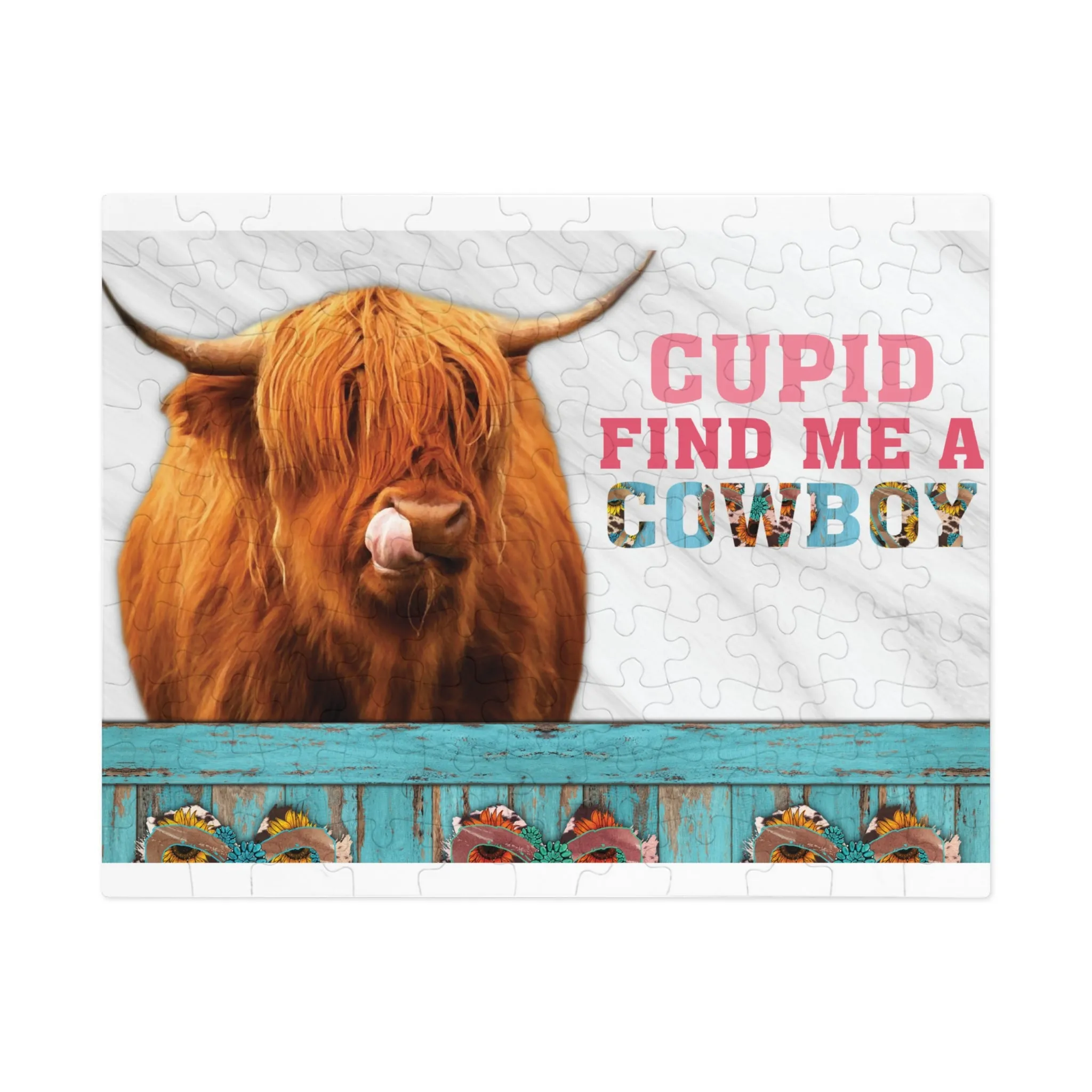 Jigsaw Puzzle, Highland Cow, Cupid find me a Cowboy, Personalised/Non-Personalised (30, 110, 252, 500,1000-Piece)