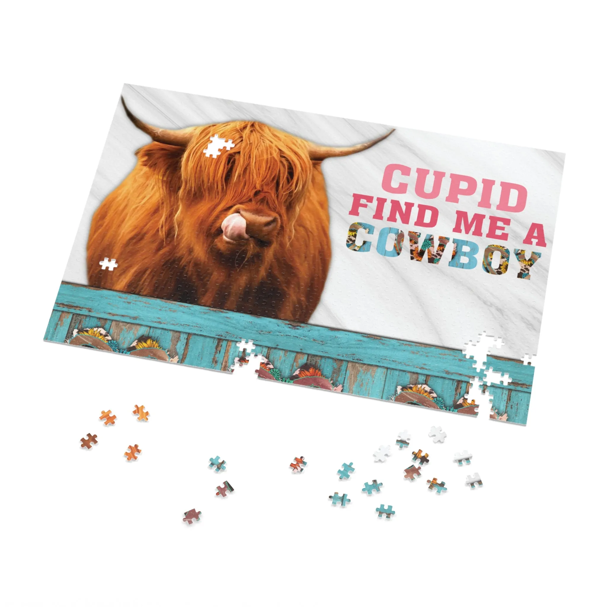 Jigsaw Puzzle, Highland Cow, Cupid find me a Cowboy, Personalised/Non-Personalised (30, 110, 252, 500,1000-Piece)