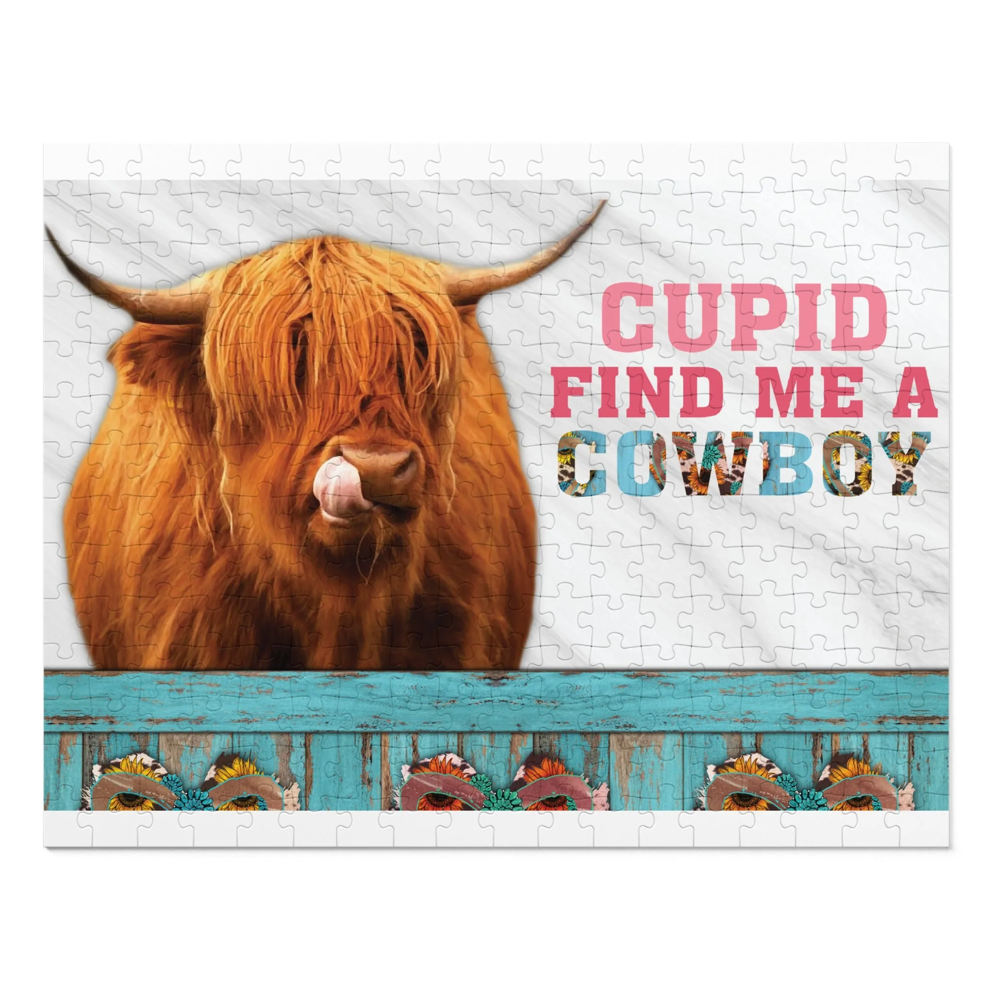 Jigsaw Puzzle, Highland Cow, Cupid find me a Cowboy, Personalised/Non-Personalised (30, 110, 252, 500,1000-Piece)