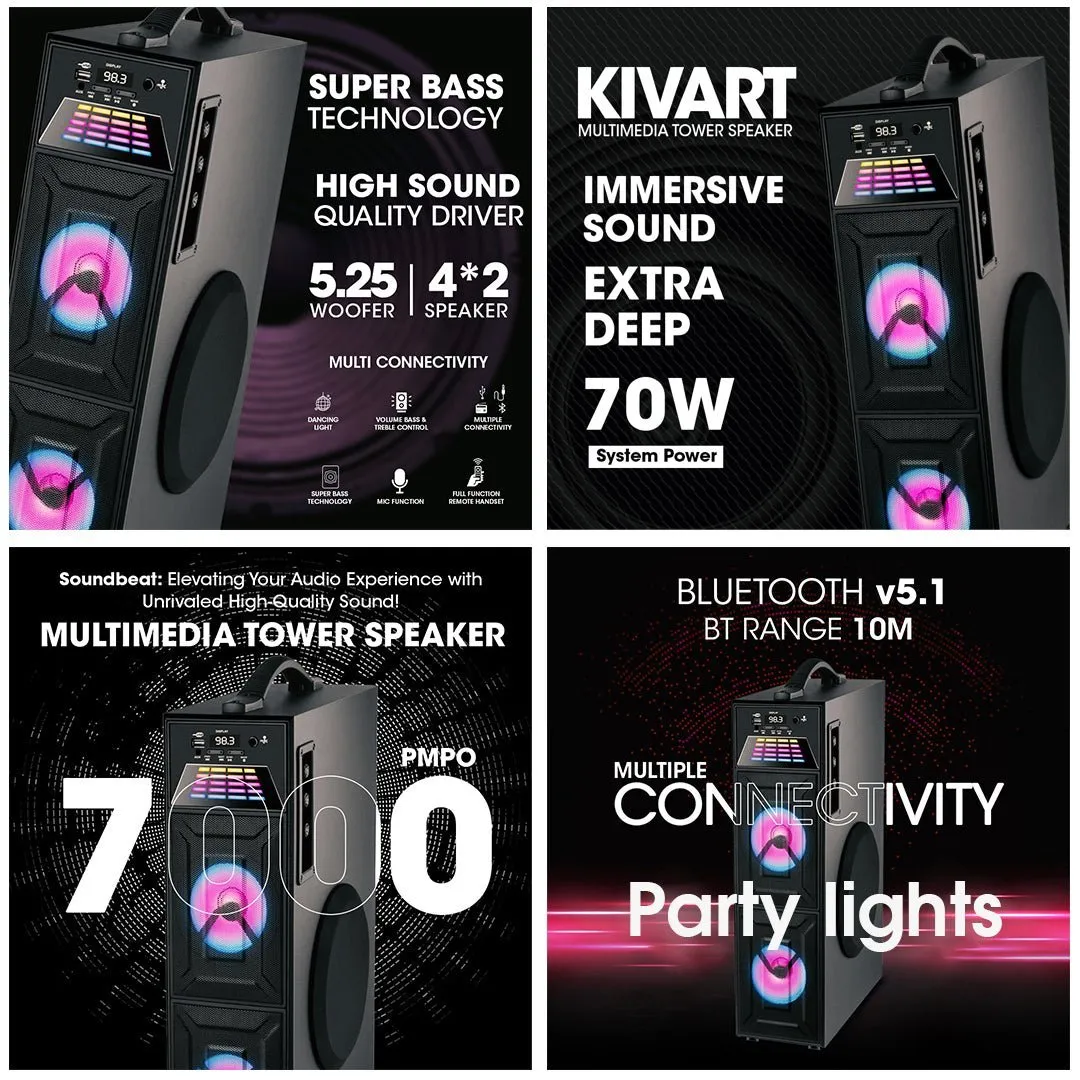 Kivart Soundbeat | 70W output | Wireless Karaoke Mic | RGB Lights | Led Display | Immersive Sound | Deep Bass