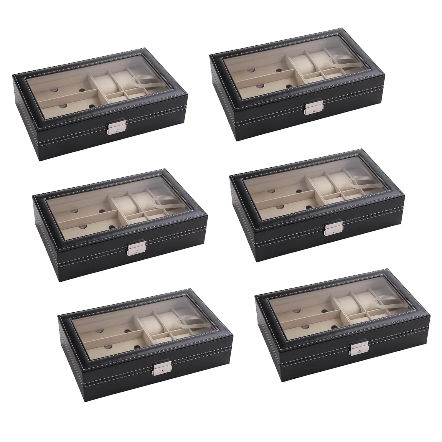 Kuber Industries 6 Slot Watch Storage Box With 3 Slot Glasses organizer|Black|Pack of 6|