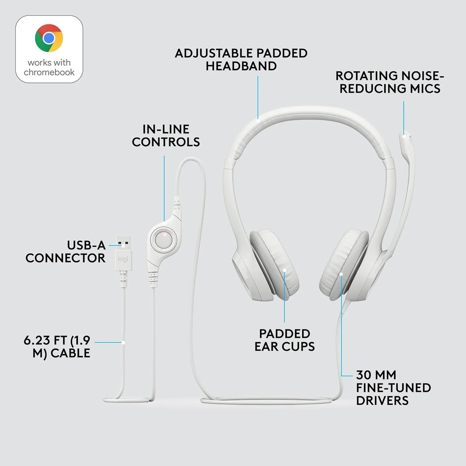 Logitech H390 Wired Headset for Pc/Laptop, Stereo Headphones with Noise Cancelling Microphone, USB-A, In-Line Controls for Video Meetings, Music, Gaming and beyond - off White