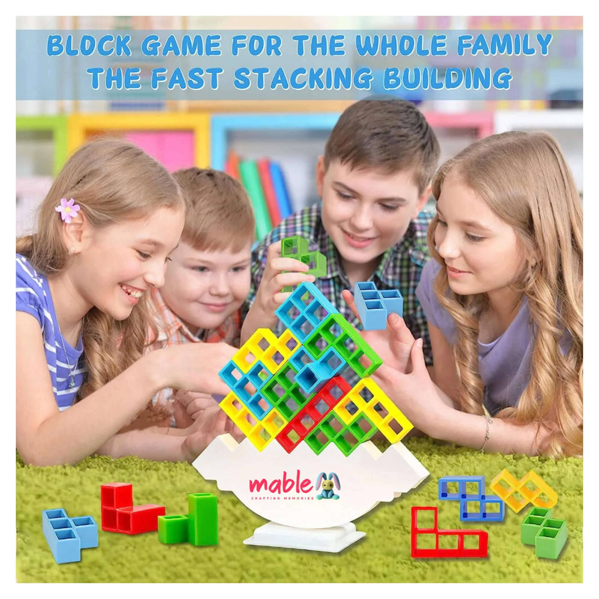 MABLE Tetra Tower Game 34 Blocks & 22 Cards, Swing Stack High Child Balance Building Block, Interactive STEM Toy for Family, Travel, Parties for Adults & Kids