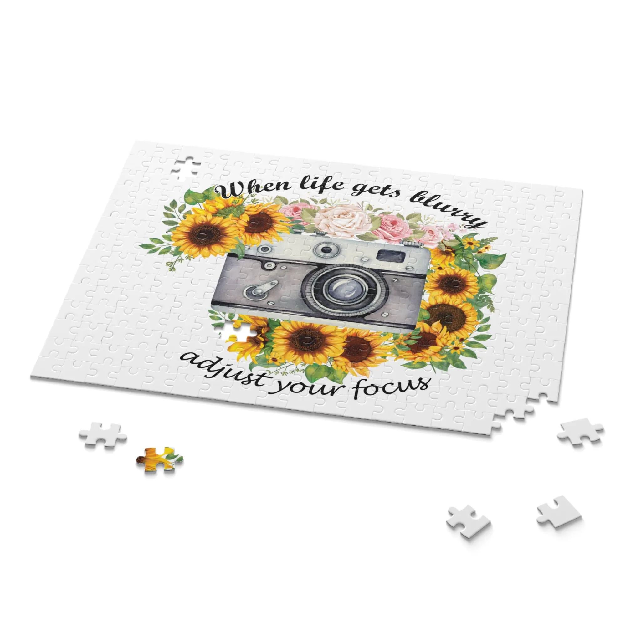 Personalised/Non-Personalised Puzzle, Sunflowers, Camera, When life gets blurry adjust the focus (120, 252, 500-Piece)