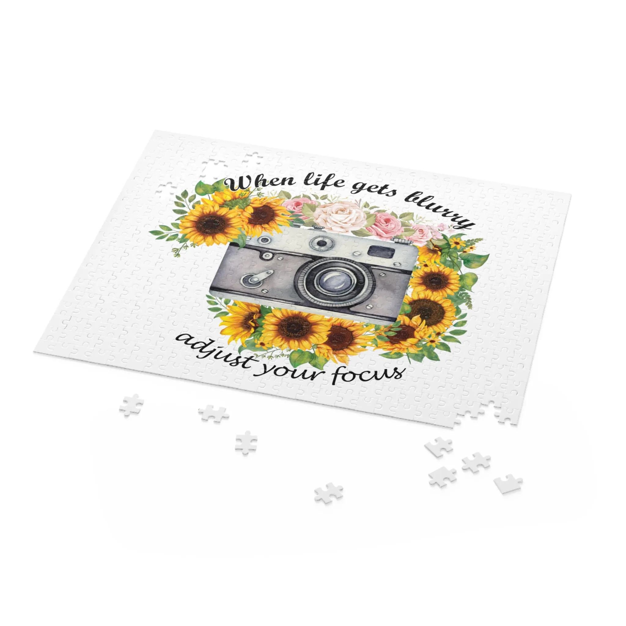 Personalised/Non-Personalised Puzzle, Sunflowers, Camera, When life gets blurry adjust the focus (120, 252, 500-Piece)