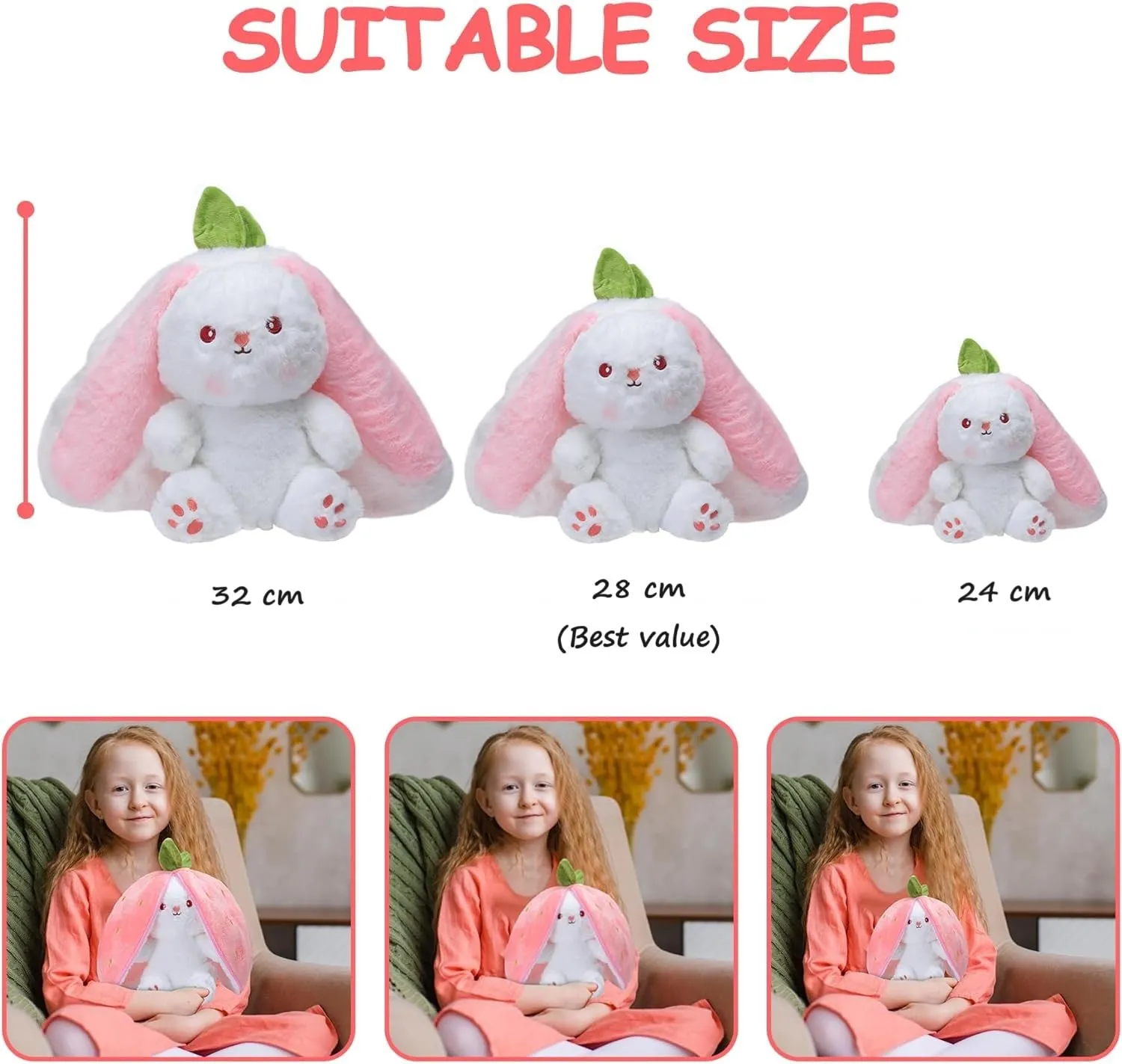 SILLYME Strawberry Rabbit - Reversible Bunny Soft Toy - Plush Toys for Girls - Strawberry Bunny pou Soft Toy (28 cm)