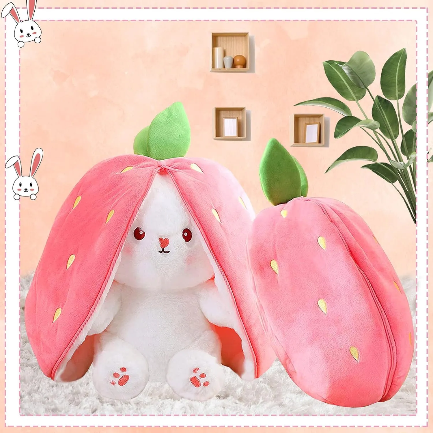 SILLYME Strawberry Rabbit - Reversible Bunny Soft Toy - Plush Toys for Girls - Strawberry Bunny pou Soft Toy (28 cm)