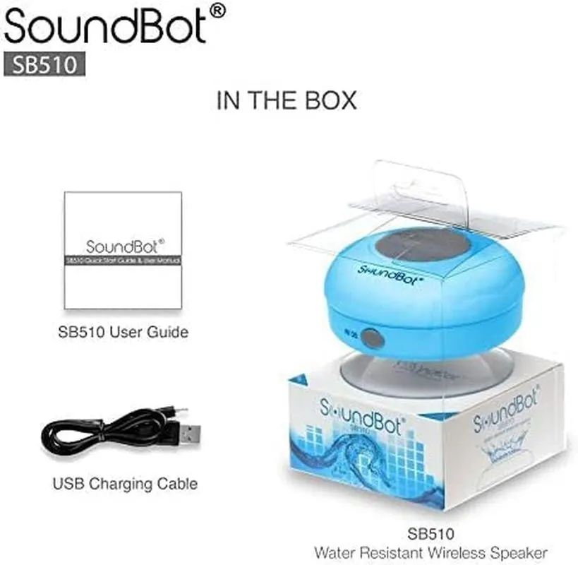 Soundbot SB510 HD Water Resistant Bluetooth 4.0 Shower Speaker, Handsfree Portable Speakerphone with Built-In Mic, 6Hrs of Playtime, Control Buttons and Dedicated Suction Cup_Blue