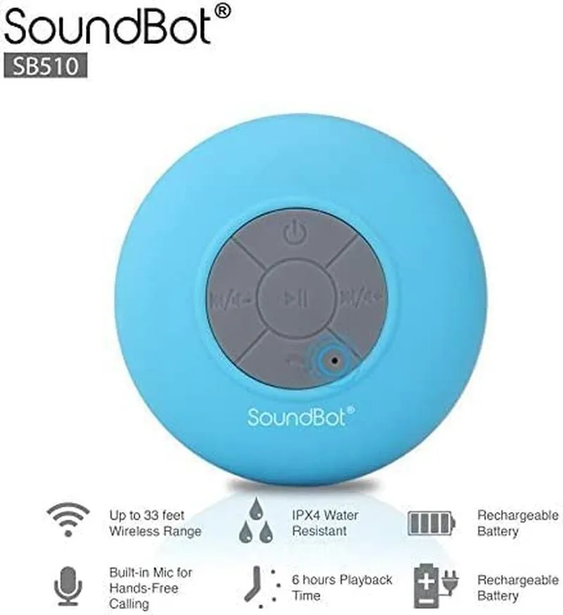 Soundbot SB510 HD Water Resistant Bluetooth 4.0 Shower Speaker, Handsfree Portable Speakerphone with Built-In Mic, 6Hrs of Playtime, Control Buttons and Dedicated Suction Cup_Blue