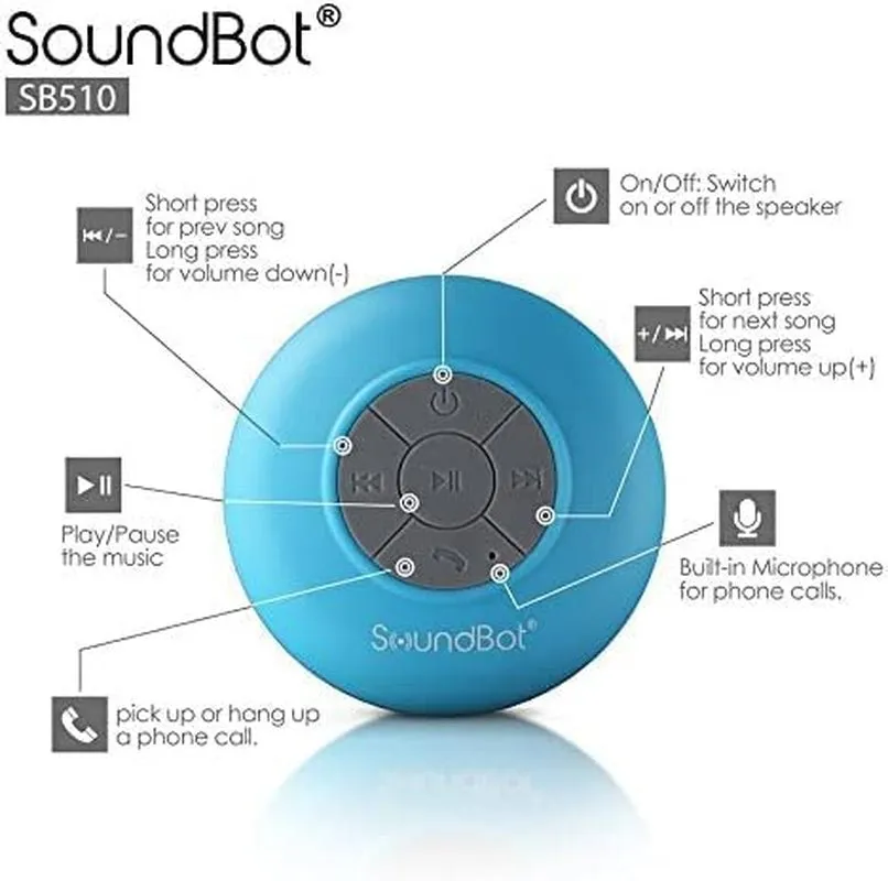 Soundbot SB510 HD Water Resistant Bluetooth 4.0 Shower Speaker, Handsfree Portable Speakerphone with Built-In Mic, 6Hrs of Playtime, Control Buttons and Dedicated Suction Cup_Blue