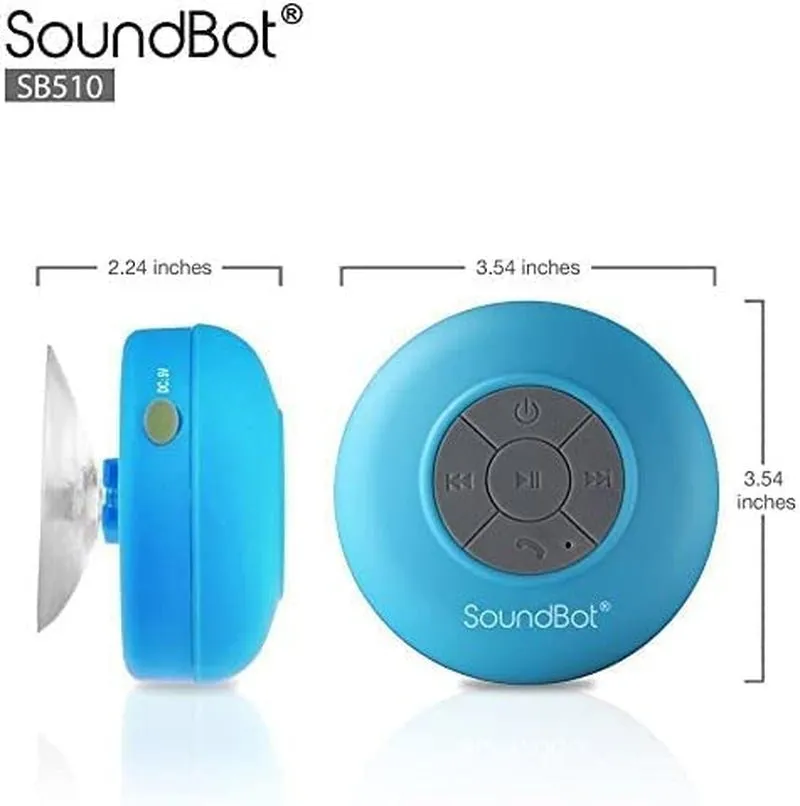 Soundbot SB510 HD Water Resistant Bluetooth 4.0 Shower Speaker, Handsfree Portable Speakerphone with Built-In Mic, 6Hrs of Playtime, Control Buttons and Dedicated Suction Cup_Blue