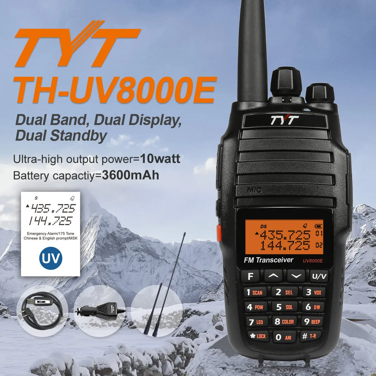 TYT UV8000E | Dual Band | 10W | 3600mAh | Cross Band Repeater | Cable