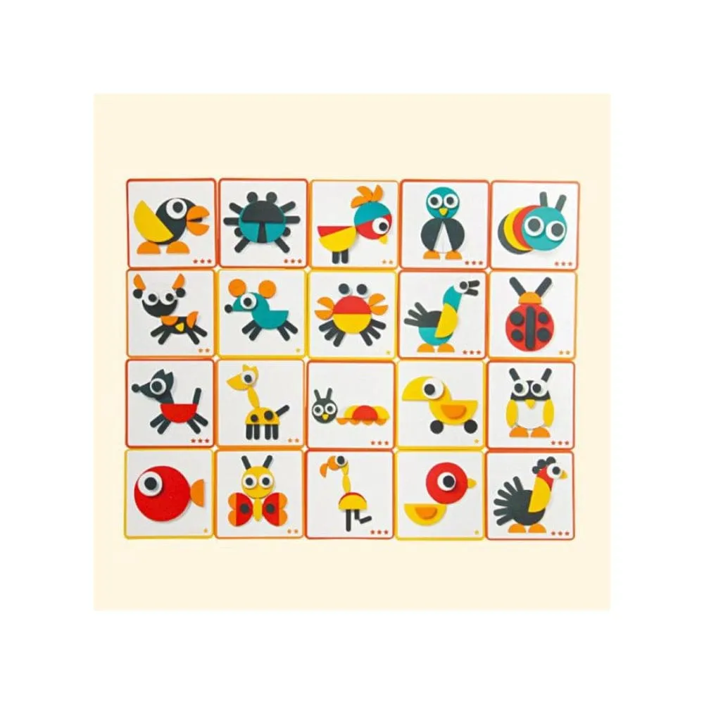 Wooden Pattern Blocks Geometric Shapes Animals Puzzle Early Educational Toys Tangram Set for Kids with 20 Design Cards