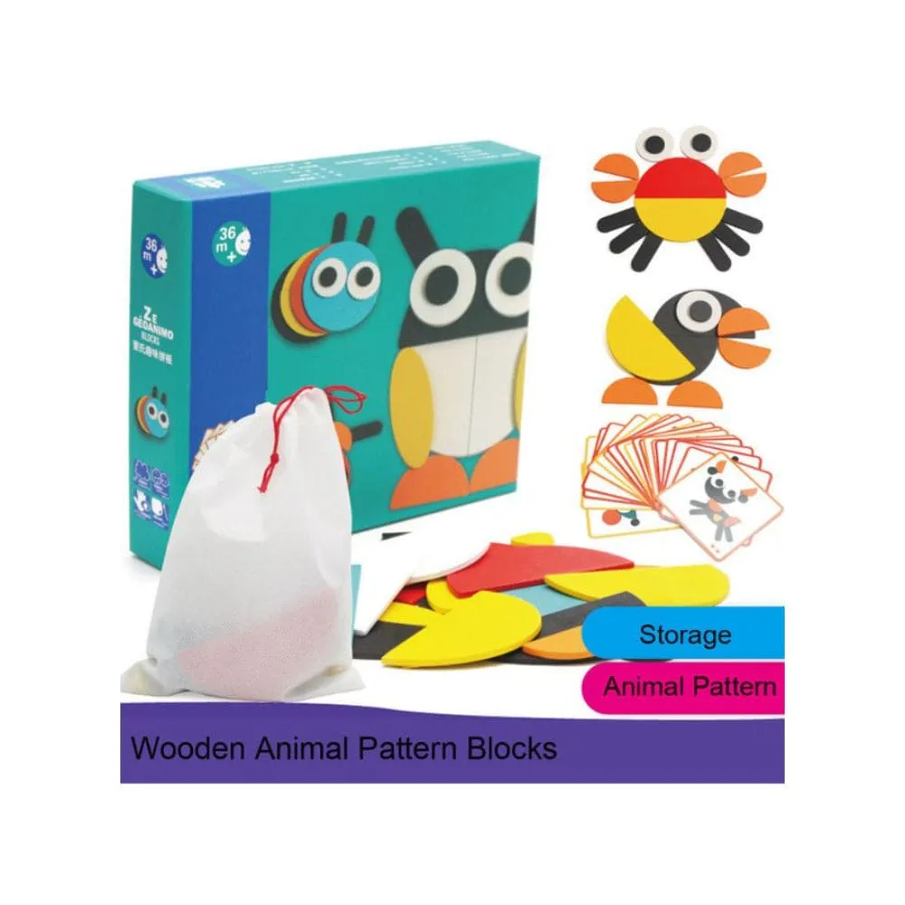 Wooden Pattern Blocks Geometric Shapes Animals Puzzle Early Educational Toys Tangram Set for Kids with 20 Design Cards